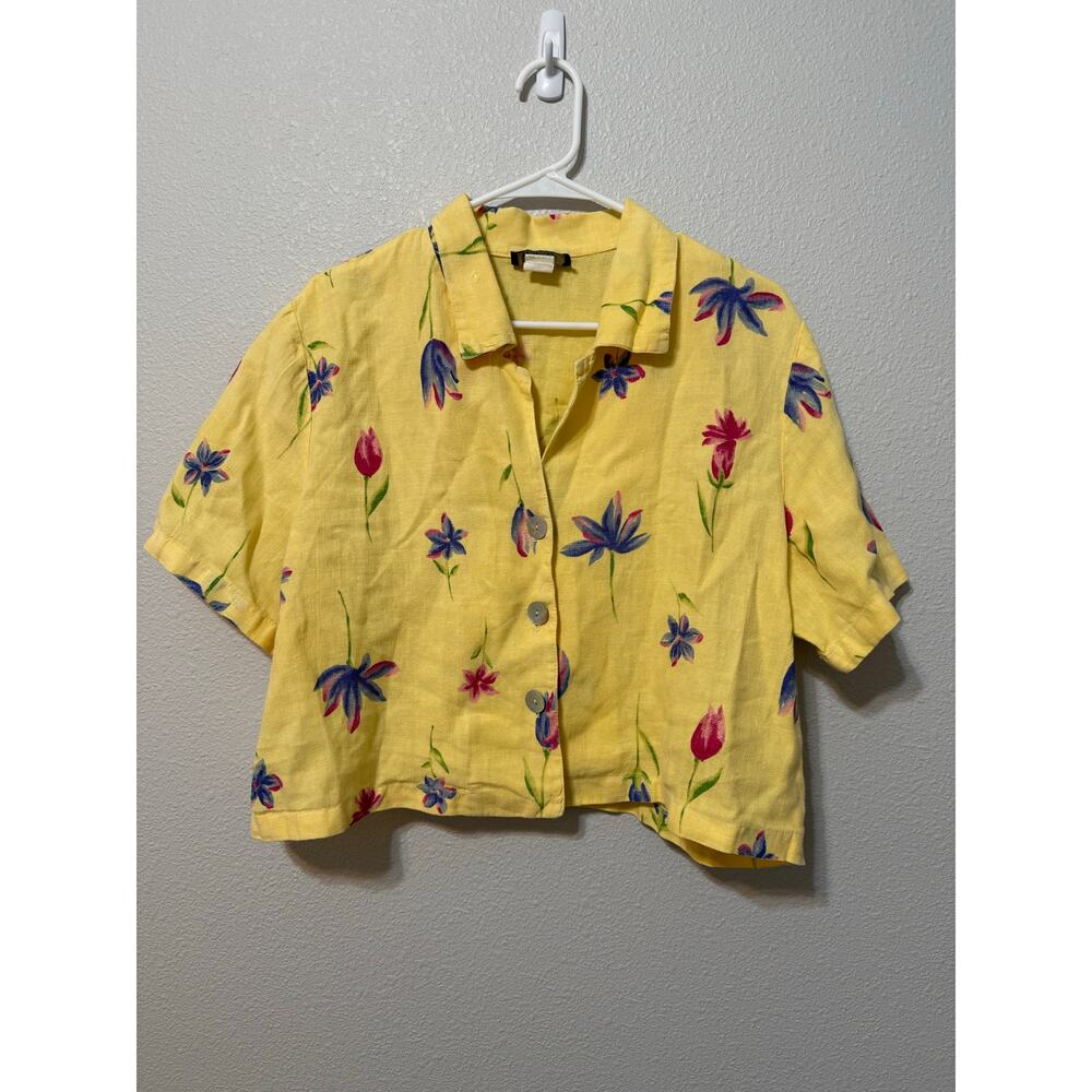 Vintage Yellow Floral‎ 100% Linen Crop Top Collared Tanuja Doir - Size M